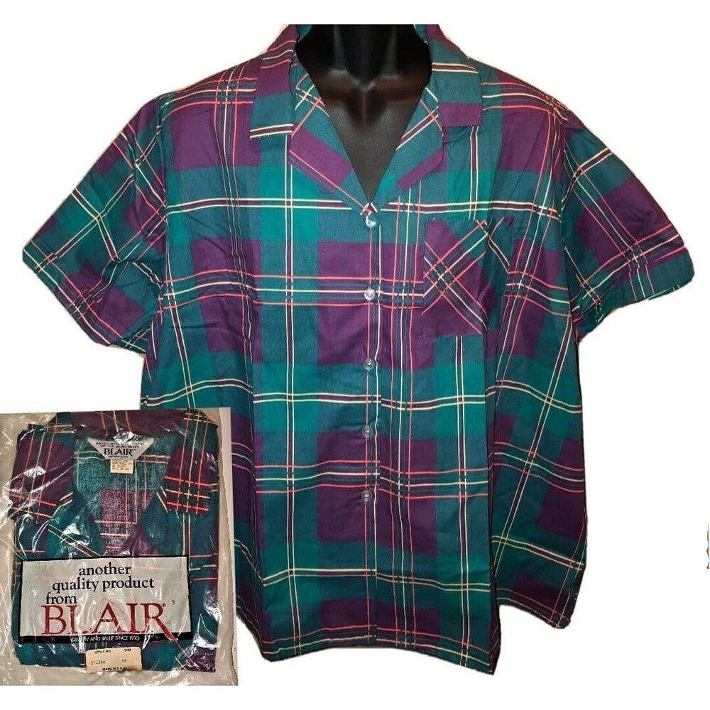 DEADSTOCK USA Made VTG 70s BLAIR 50/50 Mod Plaid Pajama Sleeping Shirt Top SZ 42